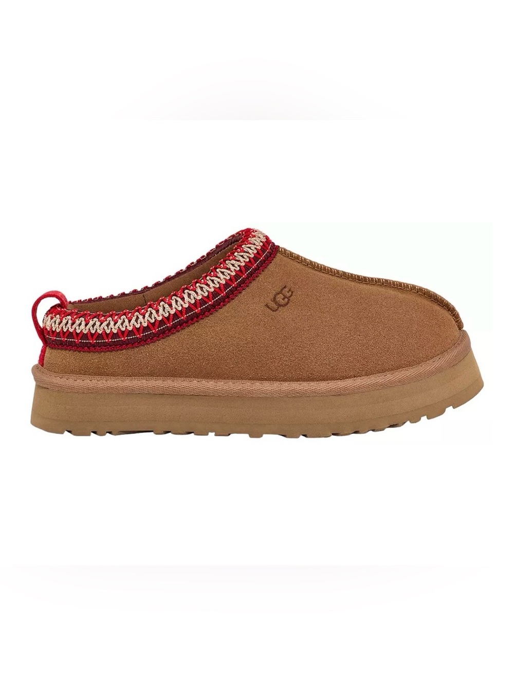 UGG Women's Tazz Chestnut Tan Slip-On Suede Mule Red Cream Trim - 8
